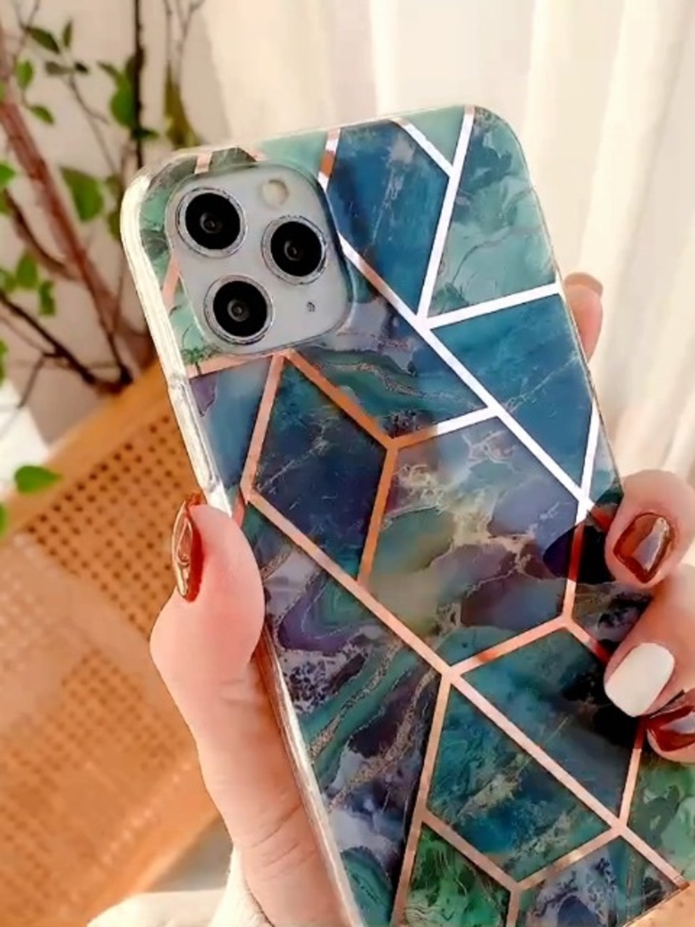 iPhone 13 Pro Blue Marble Geometric Phone Case with Rose Gold Accents